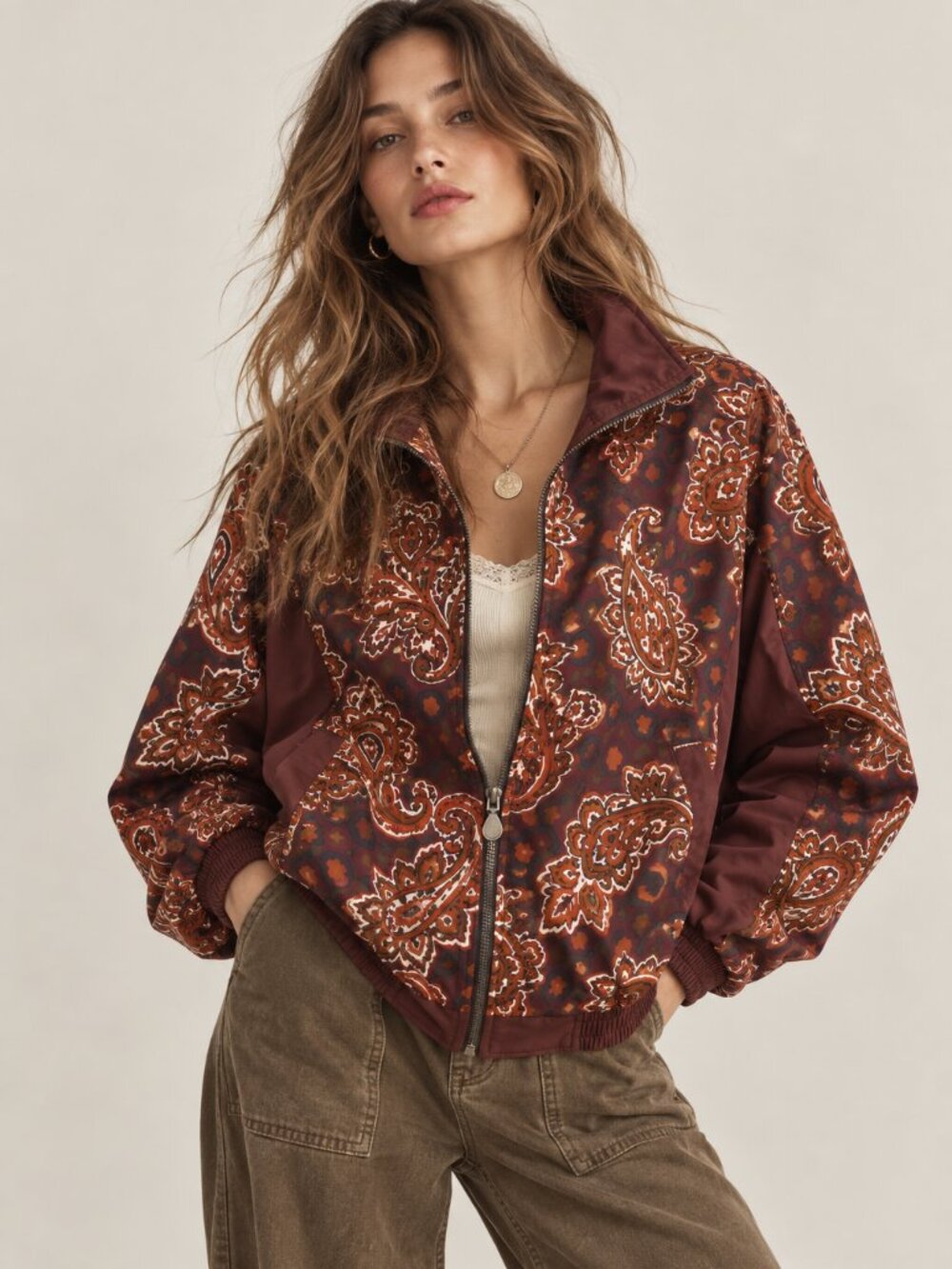 Vintage Westbound Sport Burgundy Paisley Bomber Windbreaker Jacket XL